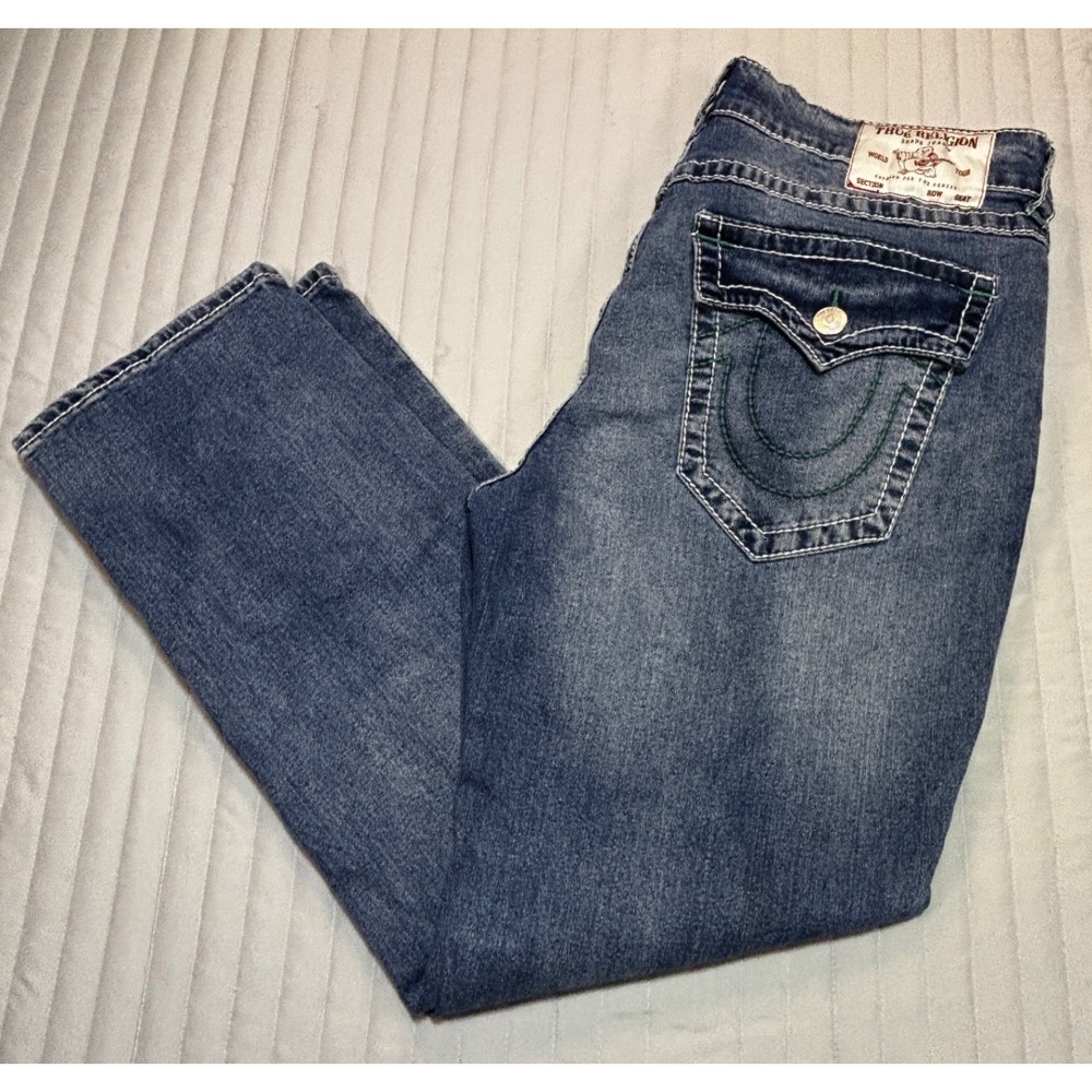 True Religion Ricky Relaxed Straight Big T Flap Blue Jeans Mens 36x29 Stretch